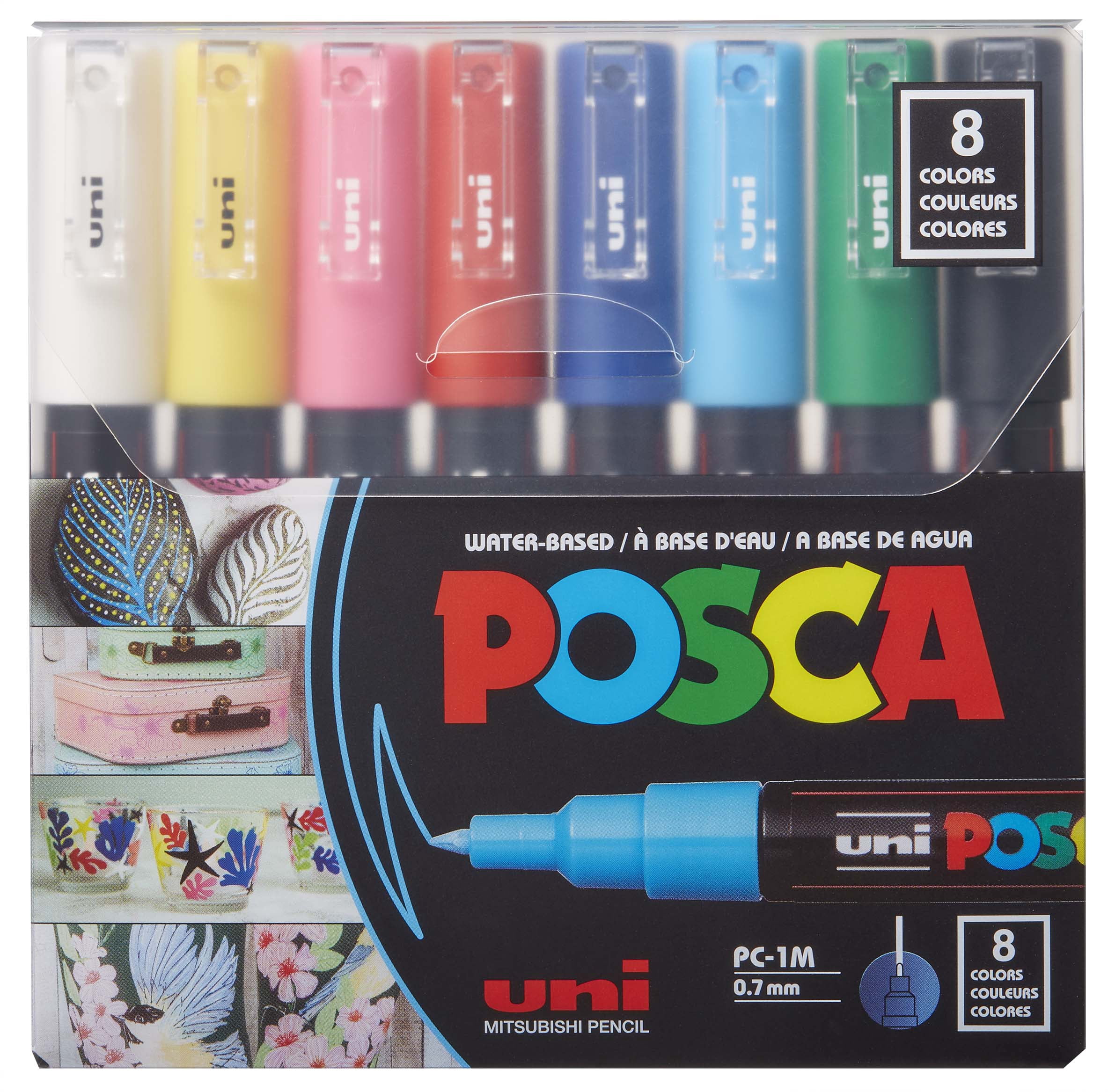 uni® POSCA PC-1M Water-Based Paint Markers, Extra Fine Tip (0.7mm), Assorted Colors, 8 Pack