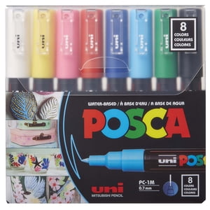 Uni® POSCA PC-1M Marqueurs de peinture à base d'eau, pointe extra fine (0.7mm), Couleurs assorties, paquet de 8