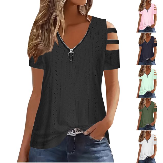 QIPOPIQ Women's Cold Shoulder Tops Short Sleeve V Neck T Shirts Basic Summer Tees Clearance