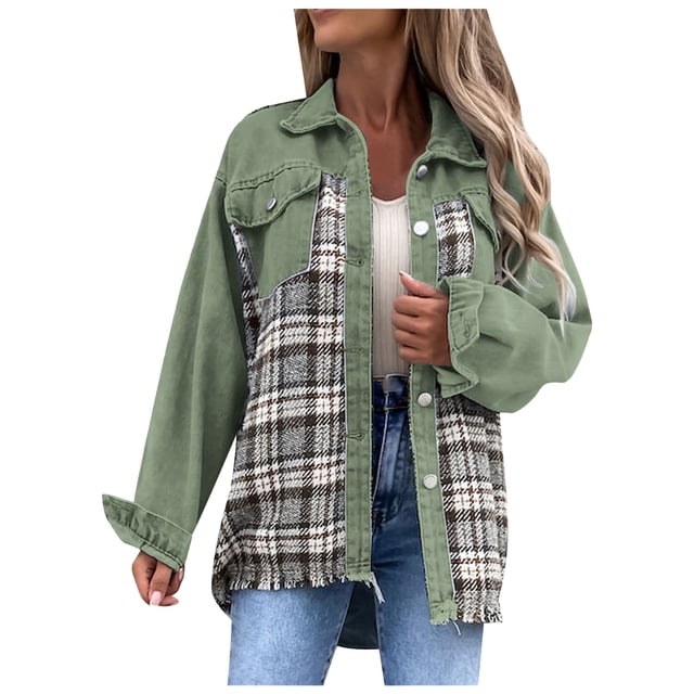 Pompotops Mode Femmes Décontracté Poches Imprimé Manches Longues Hauts Veste Manteau à Carreaux Liquidation