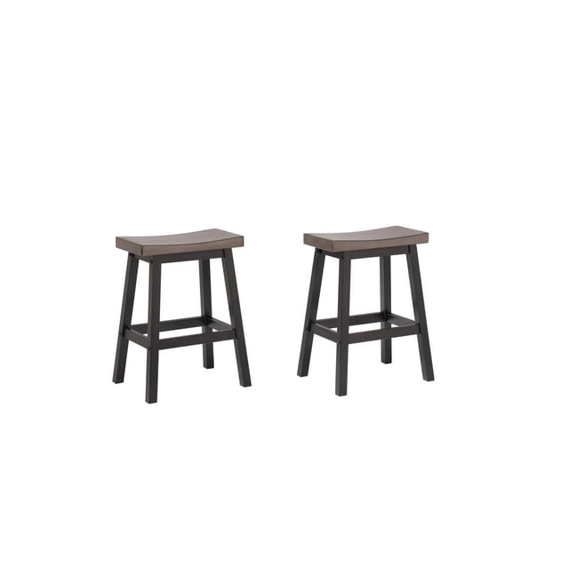 Tabouret de Comptoir Sarah, Ensemble de 2, Chêne/gris Foncé avec Sièges en Chêne en Forme de Selle et Pieds Évasés Gris Foncé avec Repose-Pieds, Orienté vers l'Avant sur Fond Blanc, Convient aux Comptoirs de Cuisine Ou aux bars à la Maison.