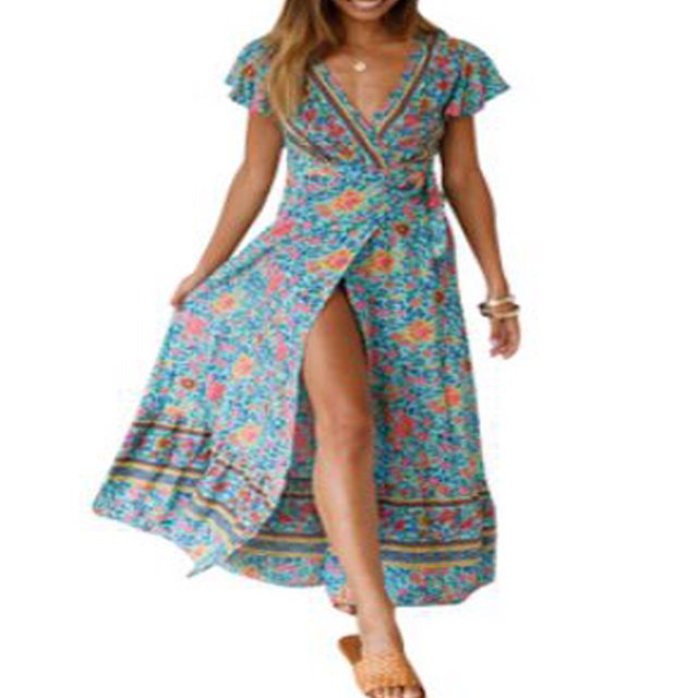 Femmes V-Cou Floral Split Robe Boho Plage d'Été Casual Longue Robe de Soleil