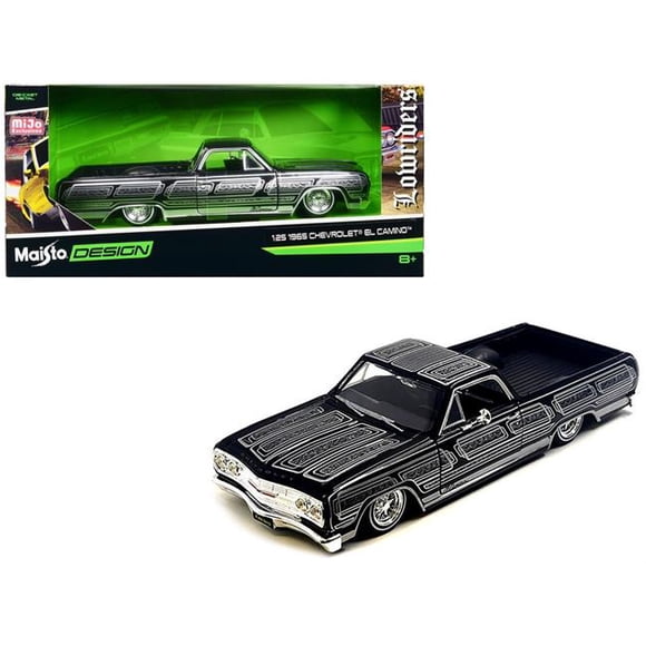 Maisto 32543BK 1965 Chevrolet El Camino Lowrider Metallic with Graphics Lowriders Series 1-25 Scale Diecast Model Car, Black & Silver