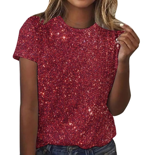Amzcrzy Hauts pour Femmes Décontractés T-Shirts à Manches Courtes Hauts d'Été Mode Col Rond Hauts à Paillettes pour Femmes Confort Polyvalent Hauts de Sortie Chemisiers