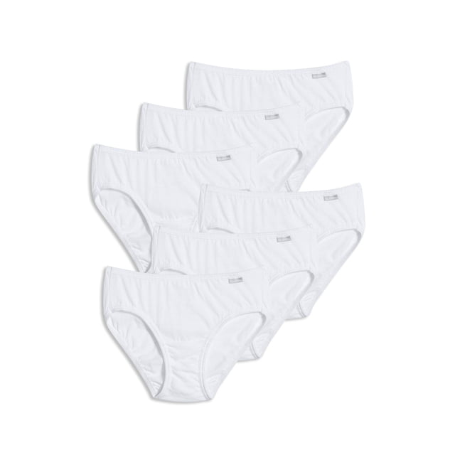 Jockey Women's Elance Bikini - 6 Pack featuring six white bikini-style women's underwear made from 100% combed, ring-spun cotton for a soft, breathable feel. Designed with a low-rise fit, full coverage, and fabric-covered waistband and leg openings for added comfort. Suitable for machine wash and dry.