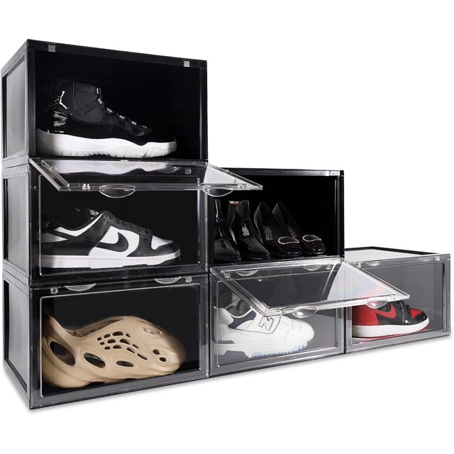 OLLIE XL Shoe Storage Boxes – Foldable and Stackable Shoe Storage Organizer for Closet – Clear HardFor Up to Size 13 – Acrylic Shoe Box Storage Containers for Jordan, Sneakers, Boots (6-Pack, Black)