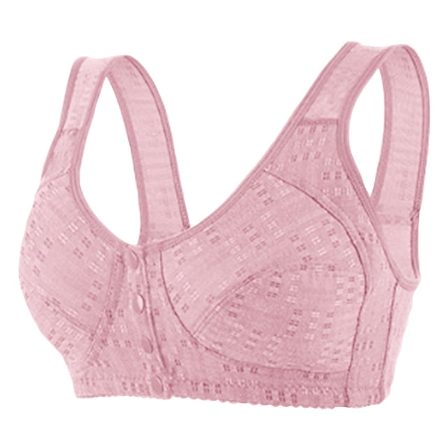 Timegard Bras for Women Plus Size Wirefree Front Closure Button Wide Strap Comfortable Full Support Bra in a soft pink color. This plus-size bra features breathable, stretchy fabric with a textured pattern, wide straps, and a front button closure for easy wear. Designed for full support and comfort, it includes a padded interior and flexible cups that adapt to various breast shapes. Ideal for pairing with dresses, tank tops, t-shirts, and sweaters, making it a versatile choice for women's intimates.