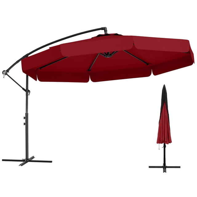 Costway Parasol Suspendu Déporté de 10 Pi en Rouge avec design cantilever et Bords à Volants. Comprend un Auvent en polyester de 10 Pi de Diamètre avec un Dessus Ventilé pour la Circulation d'Air et la protection Solaire. Comprend une Housse de protection avec une Fermeture à Glissière et un Cordon d'Ourlet Élastique. le Parasol Est Supporté par 8 Nervures Métalliques et une base Croisée en Métal, Nécessitant des Poids Supplémentaires pour la Stabilité. l'Auvent s'Incline de 0 à 35 Degrés et Fonctionne avec une Manivelle pour un Ajustement Facile. Convient aux patios, Jardins et Zones