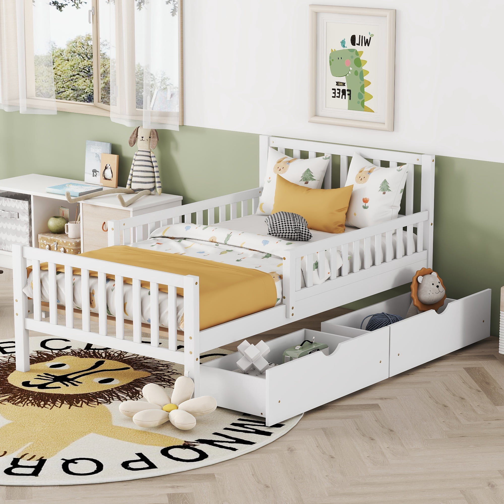 MODERNLUXE Lit Plateforme en Bois Format Simple avec 2 Tiroirs de Rangement et Garde-Corps, Cadre de Lit Style Ferme pour Enfants Ados Adultes, Blanc