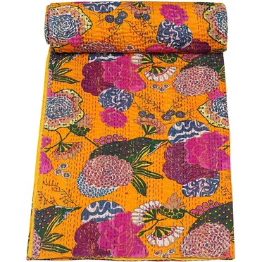 Courtepointe Kantha Indienne Faite à la Main à Imprimé Floral, Couvre-Lit, Couverture Format ( Très Grand 108 Pouces x 108 Pouces )