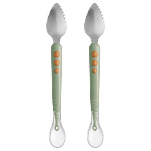 2pcs Fruit Puree Spoon Double-ended Baby Food Spoon Baby Silicone Feeding Spoons. The image shows two light green double-ended spoons with ergonomic handles featuring orange accents. One end has a stainless steel serrated edge for scraping fruits, while the other end has a smooth silicone tip for feeding. Designed for babies, infants, and toddlers, these spoons are safe, durable, and easy to clean.