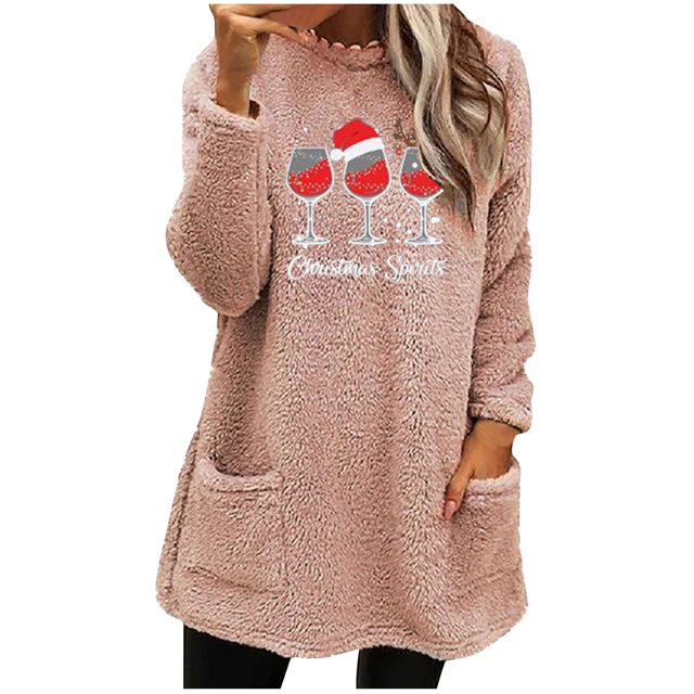 Pisexur Fuzzy Chandails de Noël pour Femmes Doublés en Molleton à Manches Longues à Col Rond Chandail d'Hiver Chaud Imprimé Verres de Vin Rouge Chandail de Noël à Enfiler Hauts avec Poches