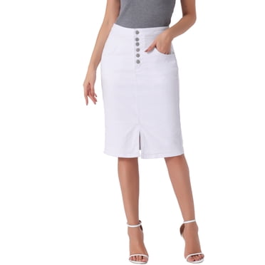 INSPIRE CHIC Women's Jean Skirts High Waist Front Slit Stretch A-Line Denim Midi Skirt White L