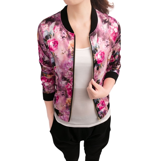 INSPIRE CHIC Women's Bomber Jacket Slim Fit Lightweight Zip Up Jacket in size M and fuchsia color. This lightweight bomber jacket features a vibrant floral print, a sleek stand collar, long sleeves, and a slim fit design. It includes a zip-up front and front pockets for small essentials. The jacket is styled with a white tank top and black pants, showcasing its versatility for casual or elevated outfits. Ideal for spring, summer, and autumn wear.