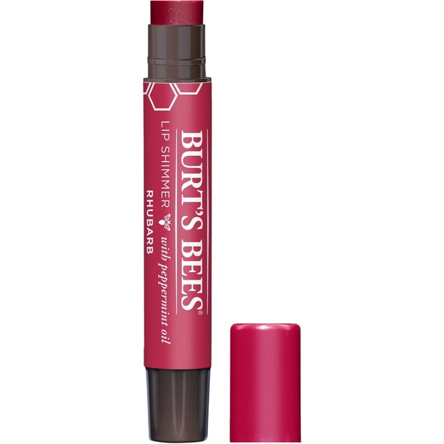 Burt’s Bees 100% Natural Lip Shimmer in Rhubarb, a twist-up lip balm tube with deep pink shimmer, enriched with peppermint oil and natural conditioners that moisturize and soften lips, suitable for natural lip care and subtle colour enhancement.