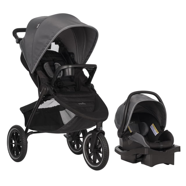 Evenflo Folio3 Stroll & Jog Travel System with LiteMax Infant Car Seat in black and grey, featuring a lightweight stroller with 12-inch pneumatic tires, lockable front swivel wheel, adjustable handle, full-coverage canopy with peek-a-boo window, removable bumper bar, and compact self-standing fold, paired with a matching infant car seat with ergonomic handle, plush head pillow, and multi-position base with integrated belt lock-off for secure installation.
