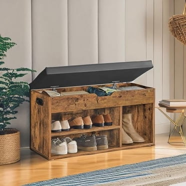 VASAGLE Banc de Rangement avec Coussin, Banc à Chaussures avec Siège Rembourré, 3 Compartiments, Rangement Dissimulé, Couloir Chambre, Capacité de Charge 330 lb, 11.8 x 31.5 x 17.3 Pouces, Brun Rustique et Noir Encre