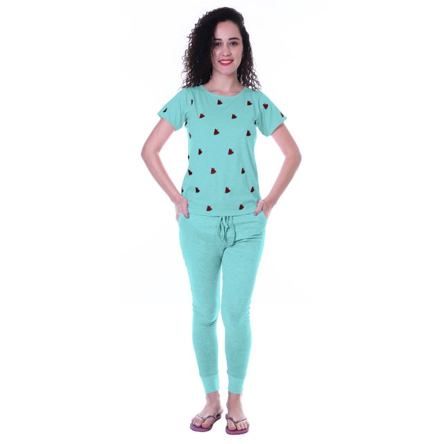 Moomaya Nightwear Set Watermelon Embroidery Slimfit Pyjamas Sleepwear 2 Pcs Set