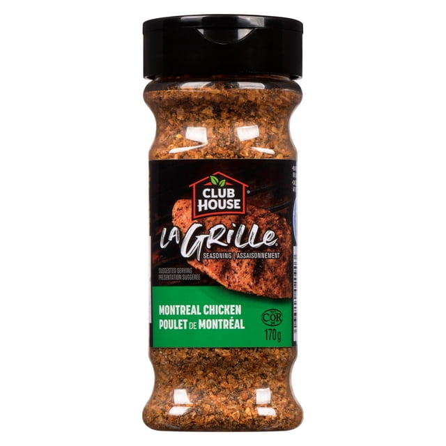 Club House la Grille Assaisonnement pour Poulet de Montréal 170 g dans une Bouteille en Plastique Transparente avec Couvercle à Rabat Noir, Contenant un Mélange Grossier d'Ail, de Sel, d'Oignon, de Poivre Noir et de paprika, l'Étiquette Indique le Poulet Grillé et un Texte Bilingue, Idéal pour Assaisonner le Poulet, le Porc et les Fruits de Mer.