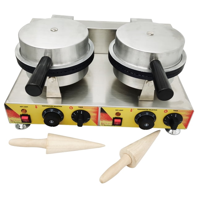PreAsion Commercial Non-Stick Coating Double Station Ice Cream Waffle Cone Maker Machine with a stainless steel body and two waffle-making stations. Features include black handles for safe operation, adjustable temperature controls from 122℉ to 572℉, and a non-stick coating for easy cleaning. The front panel has dials for temperature selection and timers, ensuring precise waffle cone preparation. Includes two wooden cone molds for shaping ice cream cones, ideal for commercial use as an electric waffle maker.