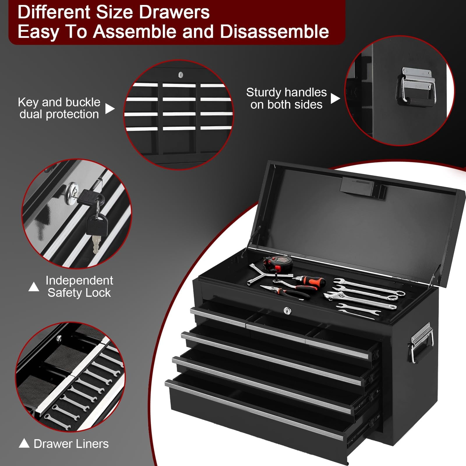 Kojooin Tool Chest,8-Drawer Heavy Duty Rolling Tool Chest with Detachable Toolbox Steel Tool Storage Cabinet Sliding Drawers Lockable Wheels for Garage Workshop Mechanic Tools Organization Black