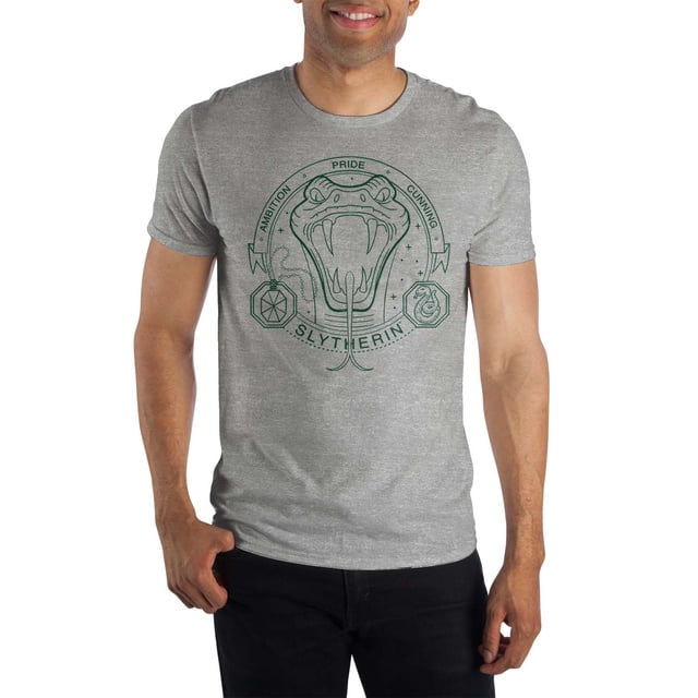 Bioworld Harry Potter Slytherin Short-Sleeve T-Shirt in X-Large Athletic Heather. This officially licensed t-shirt features a lightweight, durable 100% cotton fabric with a Slytherin snake design in green on the front. The shirt has a crew neckline and short sleeves, ideal for casual or activewear. Shown on a model against a plain background.