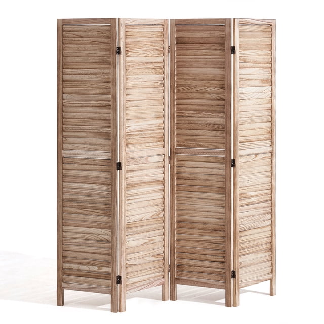 VEVOR Wood Room Divider Wooden Privacy Screen with 4 panels, featuring a European-style louvered design. Made from durable Paulownia wood with a natural wood finish, this room divider offers 360° rotating and foldable panels connected by double-directional hinges for flexible use. Ideal for separating spaces, providing privacy, or blocking sunlight in living rooms, bedrooms, or offices. The sturdy construction includes reinforced support legs and a thick wooden frame for stability.