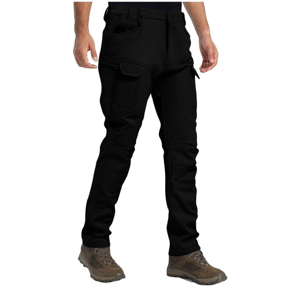 hoksml Men's Fleece-Lined Soft Shell Tactical Pants Winter Thermal Hiking Cargo Pants Thickened Outdoor Insulated Work Pants with Multiple Pockets