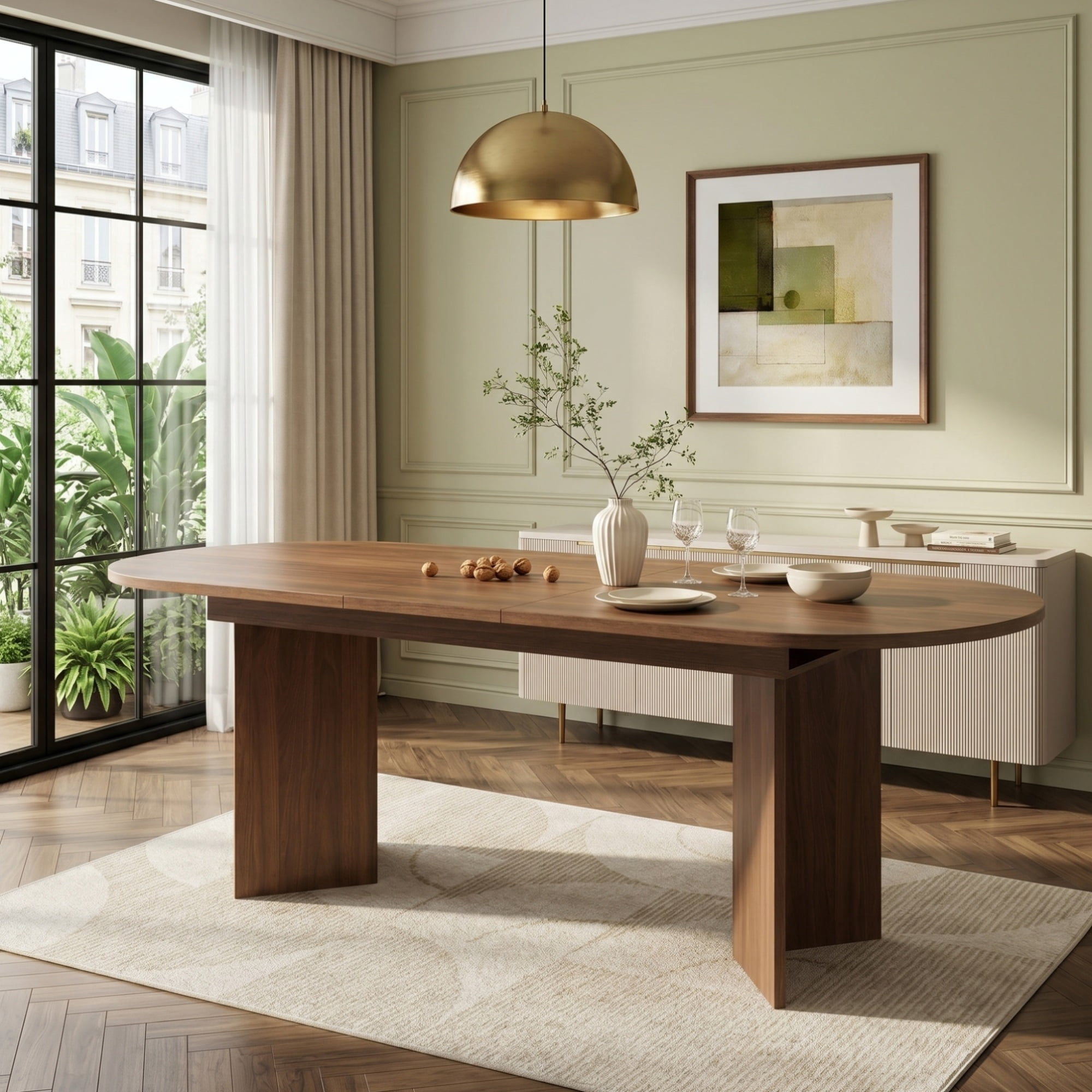 63"-79" Oval Extendable Dining Table For 6-8, Modern Wood Grain Finish Kitchen Table With Hidden Sliding Extension, Oval Space Saving Dining Table For Apartment & Dining Room, Walnut
