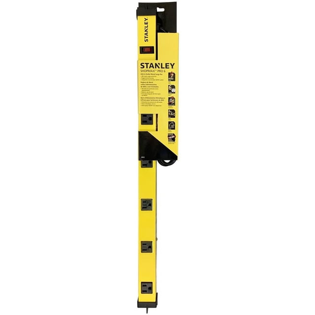 Stanley ShopMax Pro 6 power strip with six grounded outlets spaced for larger plugs and transformer adapters, rugged yellow steel housing, lighted on/off switch with resettable breaker, 4 ft cord, and 600 joules surge protection for reliable electronics safety.