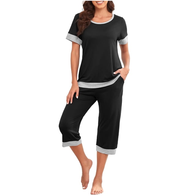 Mikilon Pyjama Décontracté pour Femmes Ensemble de Pyjama Décontracté Ample Couleur Unie Col Rond Manches Courtes 7 Pantalons Ensemble de Maison Pantalon de Pyjama Funky Confortable Manches Courtes Col Rond Ensemble Haut/chemise Noir m