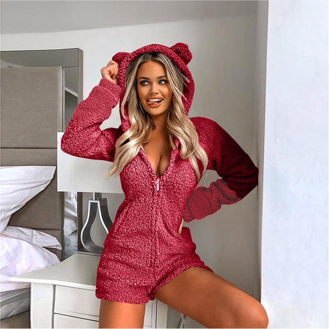 Combinaison Habillée Femme à Manches Longues à Capuche Combinaison Pyjama Décontractée Hiver Chaude Combinaison de Nuit Automne Combinaisons pour Femmes 2023 en Liquidation