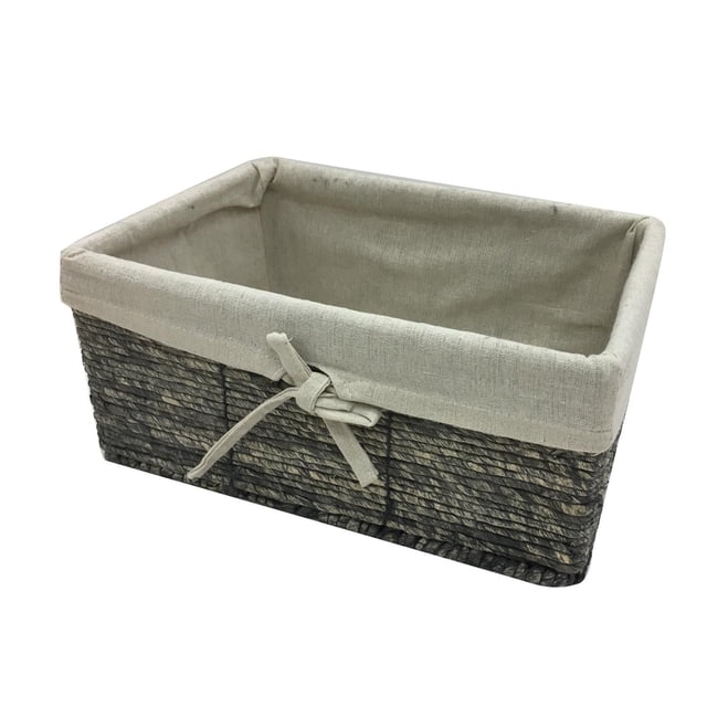 hometrends maize basket with liner, a rectangular grey woven storage basket made from natural corn wrapper maize ropes with a sturdy iron frame, lined with a removable soft beige cloth secured with a front bow tie, ideal for organizing cosmetics, books, or stationery in bedrooms, living rooms, or offices