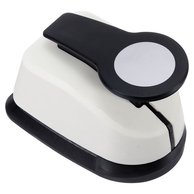 Unique Bargains 1.5 Inch Circle Punch, a single-hole paper puncher with a black and white design, featuring a 38mm (1.5 inch) punch diameter. Made of plastic and metal, it is suitable for crafting, scrapbooking, and decorating greeting cards, envelopes, and more. The compact design measures 100 x 65 x 70mm (3.94 x 2.56 x 2.76 inches) and accommodates paper up to 10mm thick.
