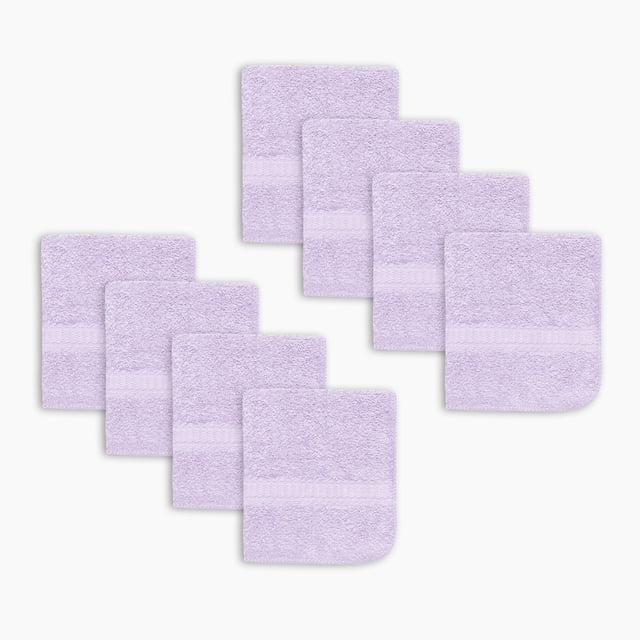 Mainstays Basics 8pk Washcloth Set, Purple, showing eight 100% cotton washcloths with a soft terry texture and a horizontal woven band. These machine-washable, quick-drying washcloths are designed for daily bathroom use and also suitable as kitchen cleaning cloths.