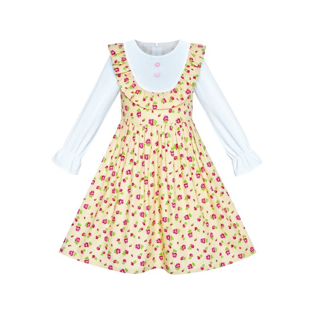 Robe Fille Jaune Florale Manches Longues Coton Décontractée 6 Ans