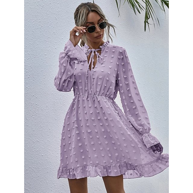 Robe à Manches Longues Taille Haute pour Femmes à Pois, Col Feuille de lotus, Nœud, Manches Évasées