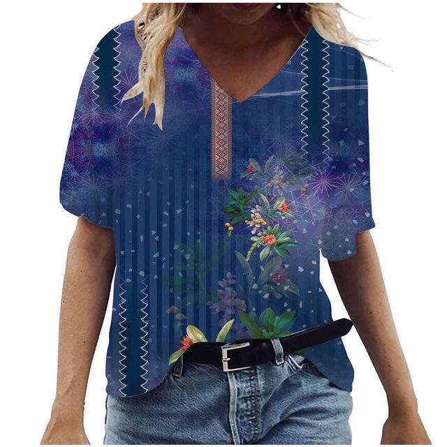 Birdeem T-Shirt à Col en V pour Femmes, Mode Décontractée, Grande Taille, Imprimé de Fleurs Pittoresques