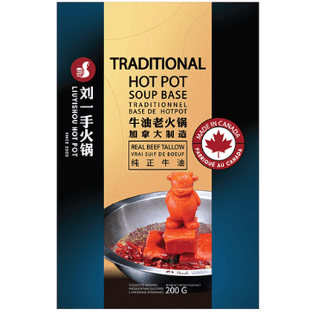 Liuyishou Condiment pour Fondue Chinoise - Emballage Traditionnel de 200 g avec Étiquette Noire et Dorée Présentant une figurine de Taureau Rouge dans un Bol de Bouillon Épicé Fait avec du Vrai Suif de Bœuf, Fabriqué au Canada. Idéal pour Rehausser les sauces pour Fondue Chinoise et Sautés dans les Aliments du Garde-Manger et les marinades.