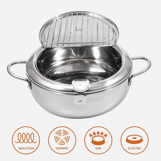 JMYHOAM Kitchen Gadgets Deeps Fryer Pot Tempura Frying Pot with Lid 304 Stainless Steel with Temperature Control and Oil Drip Drainer Rack for Kitchen French Fries Home and Kitchen on Clearance