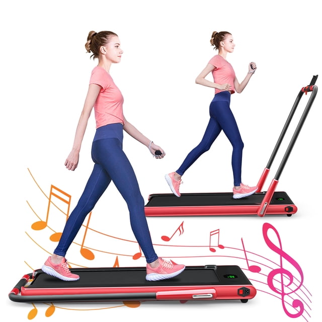 Gymax 2.25HP Under Desk Electric Pad Treadmill Running Machine in red, designed for walking and running. Features include a 5-layer shock-absorbing running belt, LED display for tracking speed, distance, time, and calories, Bluetooth connectivity for music, and a foldable frame with front wheels for easy storage. Ideal for home fitness and office use.