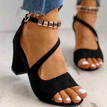 zanvin Sandals, Summer Sandals New Buckle Strap Chunky Heel Sandals Women's High Heels Beaded Fish Mouth Women's Sandals Womens Sandals