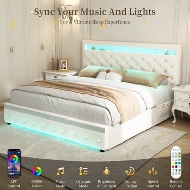 SIBEDS Full Bed Frame with Upholstered Storage Adjustable Headboard, Platform Bed Frame with LED Lights and 2 Drawers, Velvet Cream