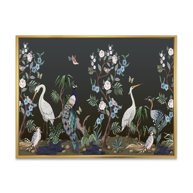 Designart Chinoiserie With Birds and Peonies IV FLOAT FRAME WALL ART featuring a traditional style framed canvas with a dark background, detailed illustrations of peacocks, herons, and smaller birds among blooming peony and blue floral branches, printed on premium cotton canvas with gallery-wrapped edges and a light wood floating frame, ready to hang.