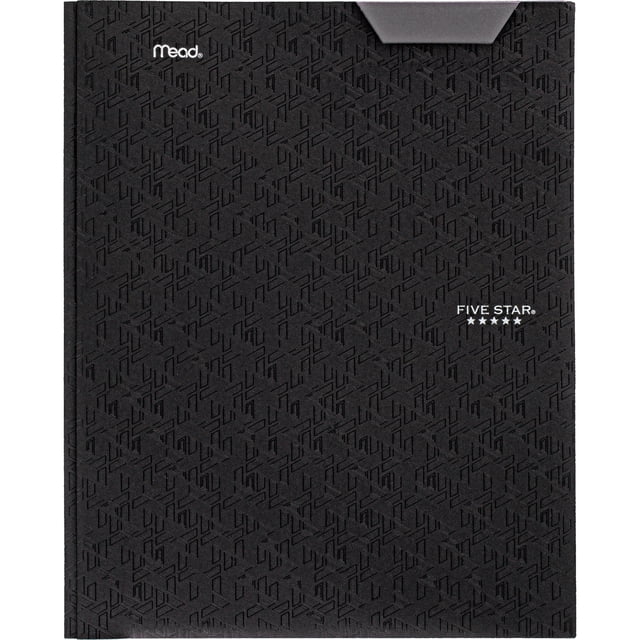 Five Star Advance Durable Poly Pocket & Prongs Stay-Put Folder in black with embossed geometric pattern and flap closure, featuring Mead and Five Star logos, designed for secure document organization in office and school portfolios.