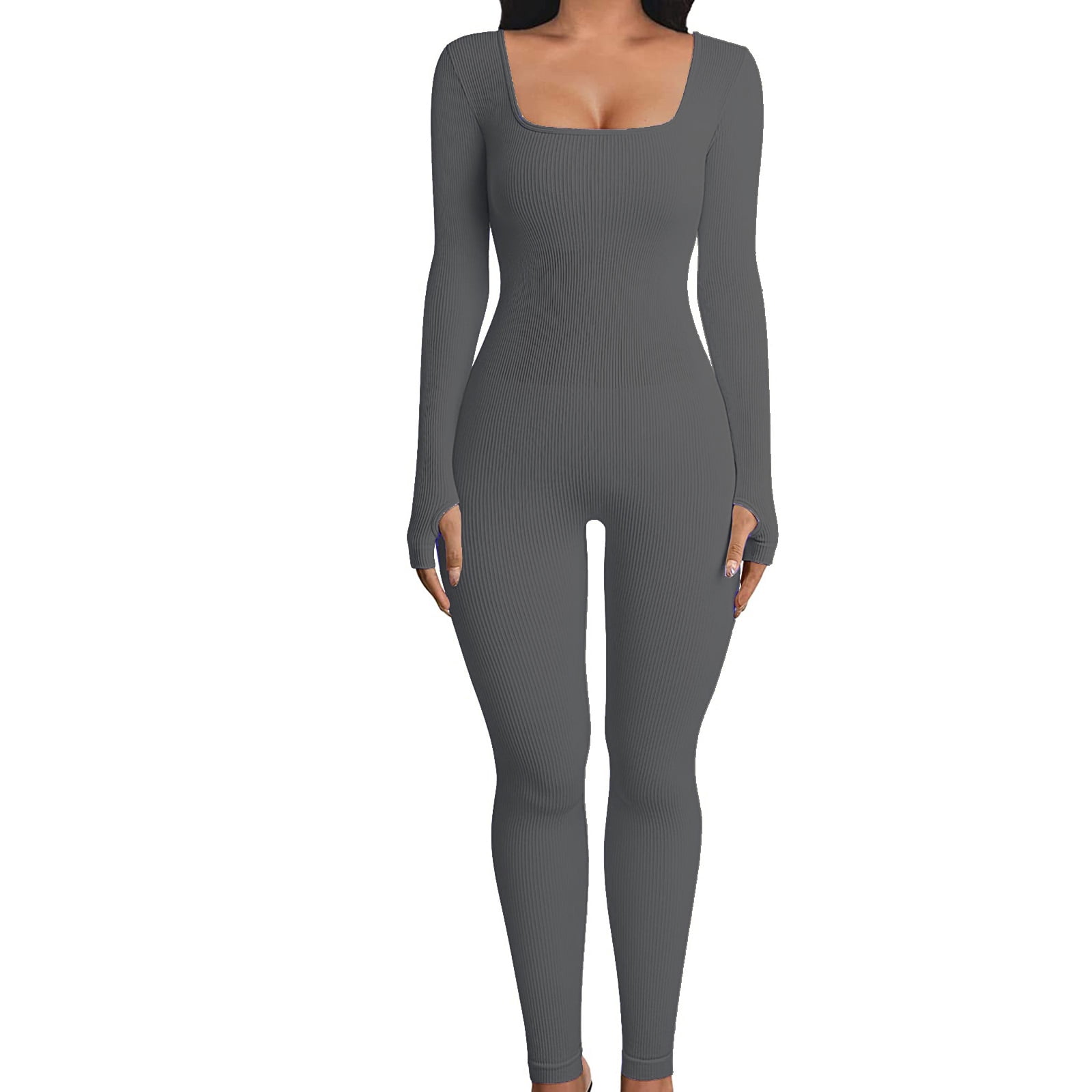 Gupgi Women  Long Sleeve Yoga Jumpsuits Workout Ribbed Bodycon Romper One-Piece Sport Bodysuit