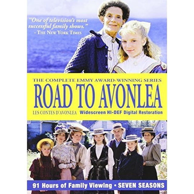 Road To Avonlea : Saisons 1-7 (DVD) Couverture Mettant en Vedette des Personnages de costumes du Début des Années 1900 sur Fond de l'Île Rurale du Prince Édouard. Inclut un Statut Primé Emmy, une Restauration Numérique Grand Écran Haute Définition et 91 Heures de Visionnement de Drames Familiaux sur Sept Saisons.