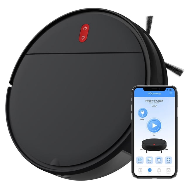 bObsweep Charlotte Robot Vacuum and Mop in charcoal with a 2.9-inch low-profile round design, red power button, twin side brushes, and a smartphone showing the bObsweep app for scheduling, mode selection, and remote control.