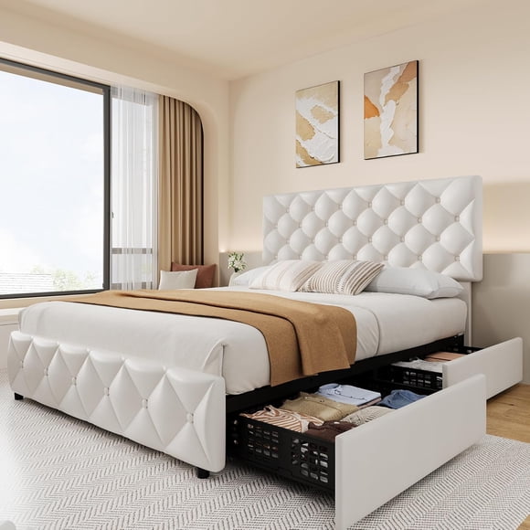Queen Size Bed Frame with 4 Storage Drawers, Faux Leather Upholstered Platform Bed Frame with Adjustable Headboard, Diamond Stitched Button Tufted, No Box Spring Needed, White