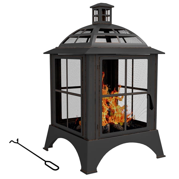 Outsunny 28" Fire Pit with Poker, Chimney Style Wood Burning Firepit, Black